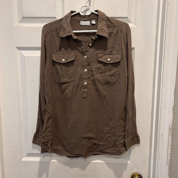 New York & Company Tops - NY&C Large Brown Semi Sheer Button Up Shirt Roll Tab Sleeve Top Career Beachy
